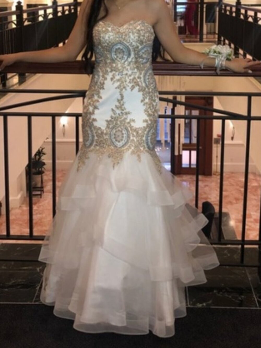 Camille La Vie Mermaid Prom Dress 10P Petite White Gold Embroidered Formal Gown